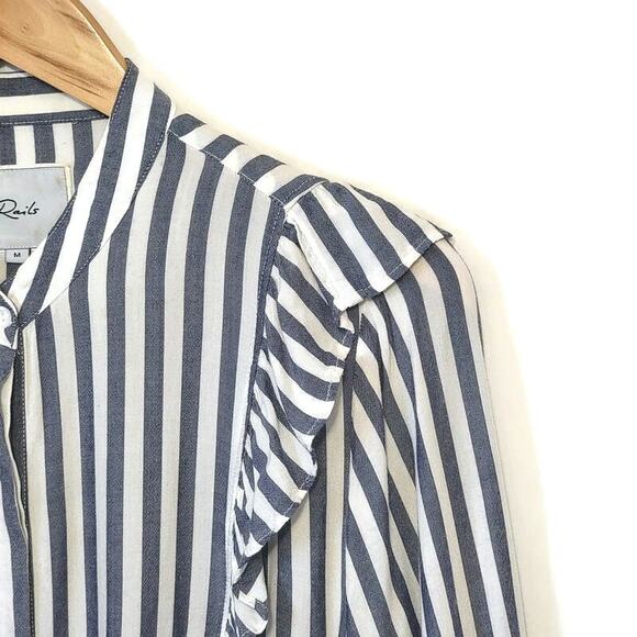 Rails Blue White Stripe Ruffle Tie Waist Long Sleeve Button Down Shirt M Chic - Picture 5 of 16
